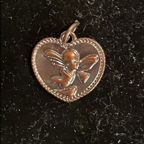 0.5” two toned-silver/rose gold-heart shaped charm/pendant w/cherub blowing horn - Picture 3 of 8